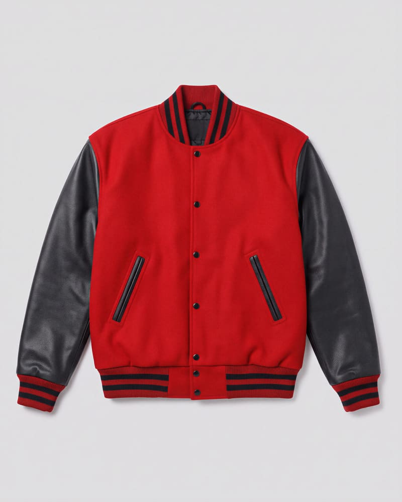 Scarlet Red Wool & Black Genuine Leather Varsity Letterman Jacket — flat lay