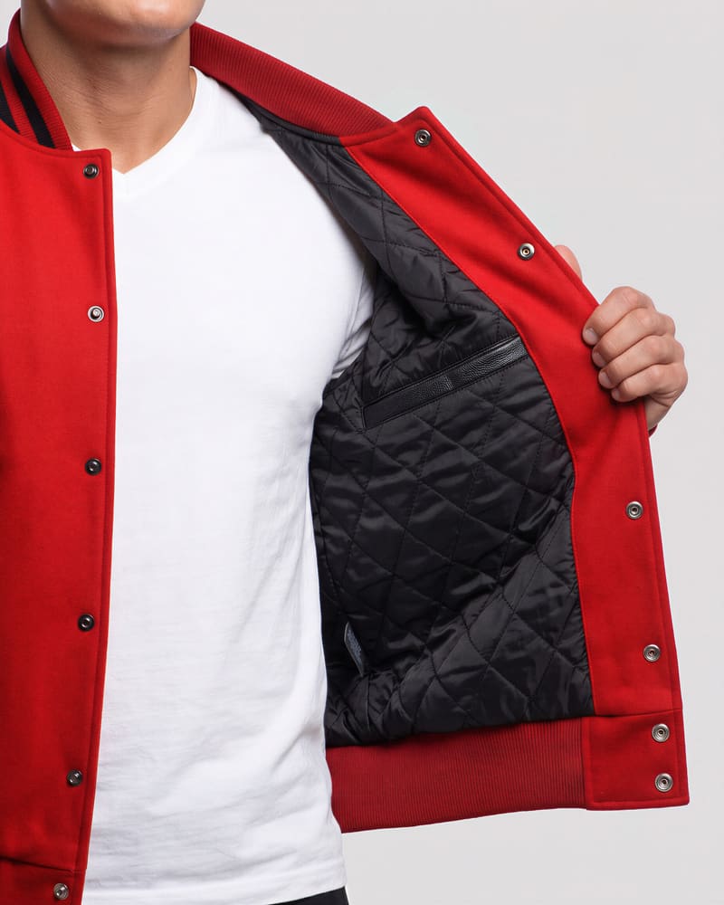 Scarlet Red Wool & Black Genuine Leather Varsity Letterman Jacket — lining