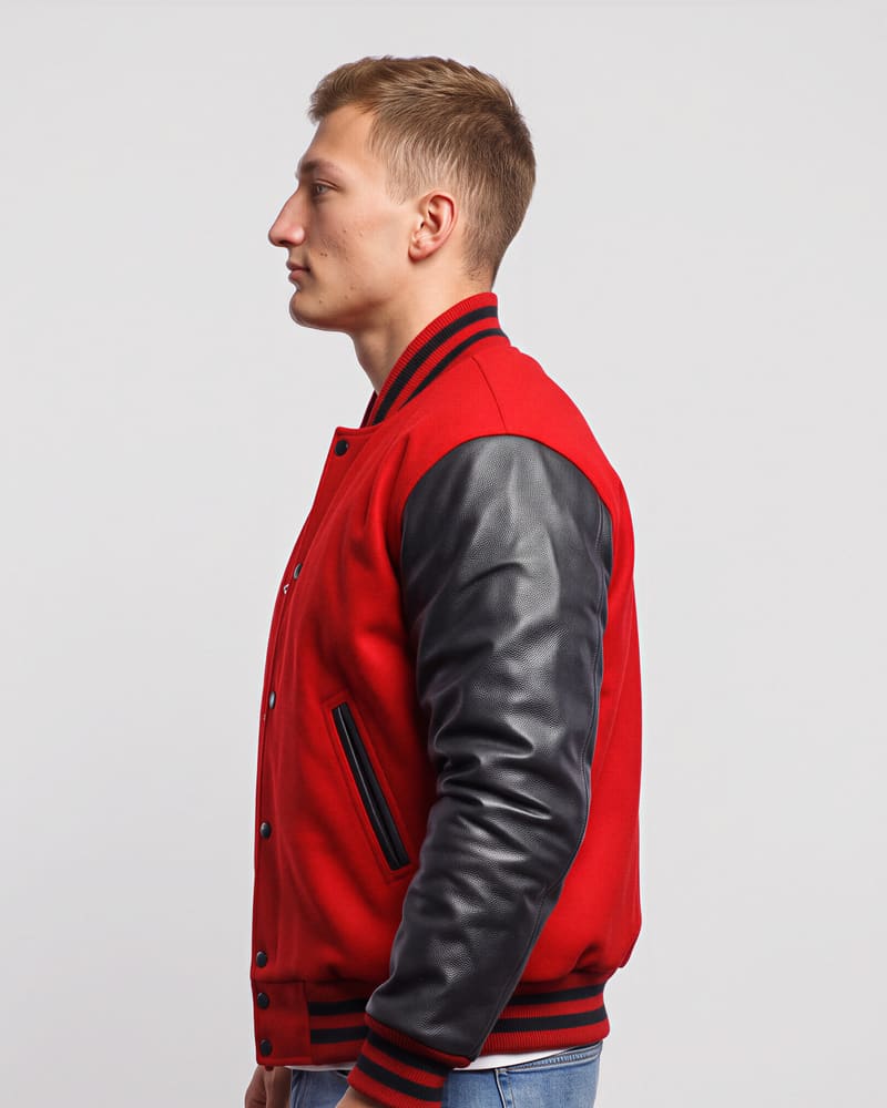 Scarlet Red Wool & Black Genuine Leather Varsity Letterman Jacket — profile