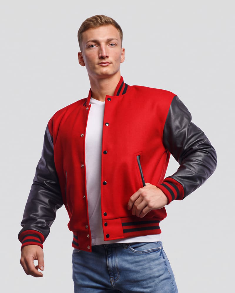 Scarlet Red Wool & Black Genuine Leather Varsity Letterman Jacket — three quarter