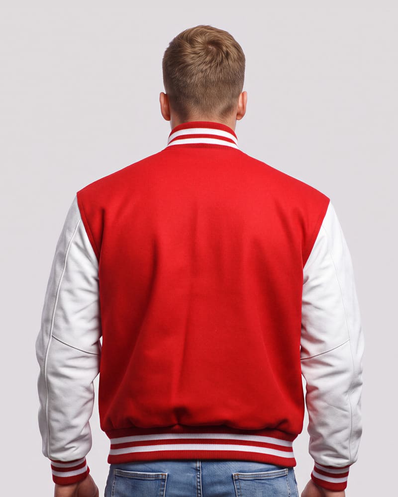 Red Wool & White Genuine Leather Varsity Letterman Jacket — back