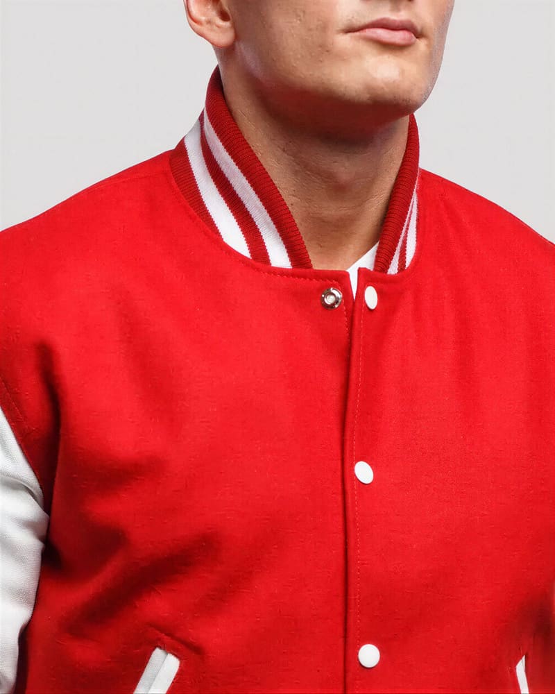 Red Wool & White Genuine Leather Varsity Letterman Jacket — collar