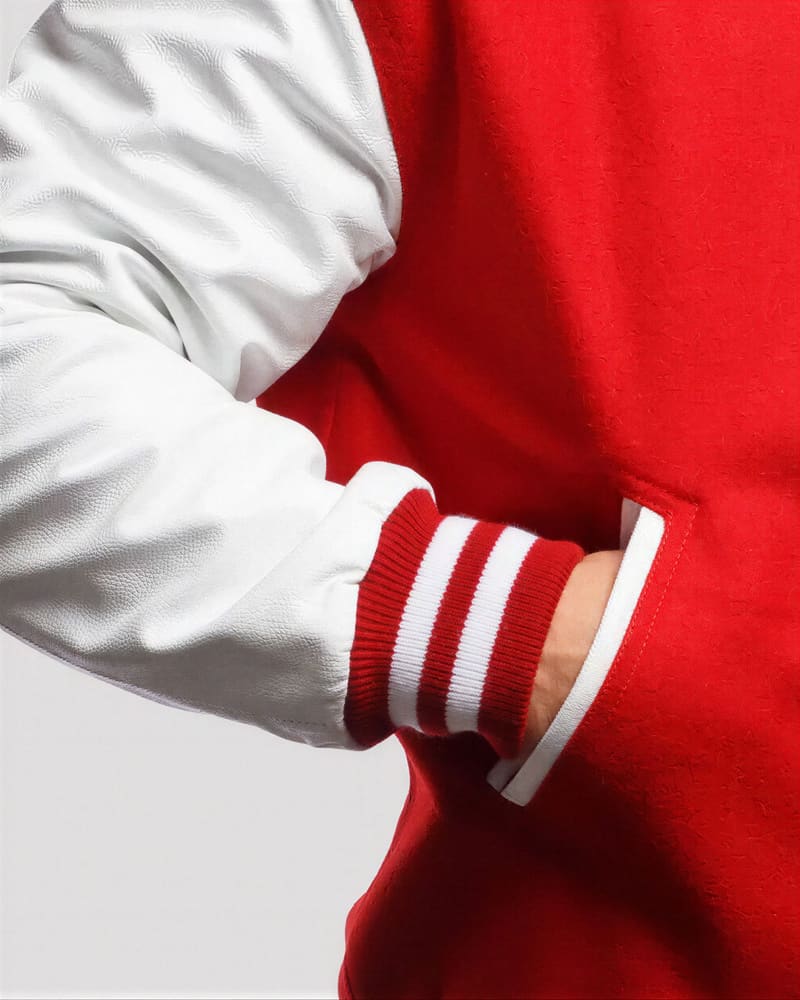 Red Wool & White Genuine Leather Varsity Letterman Jacket — cuff