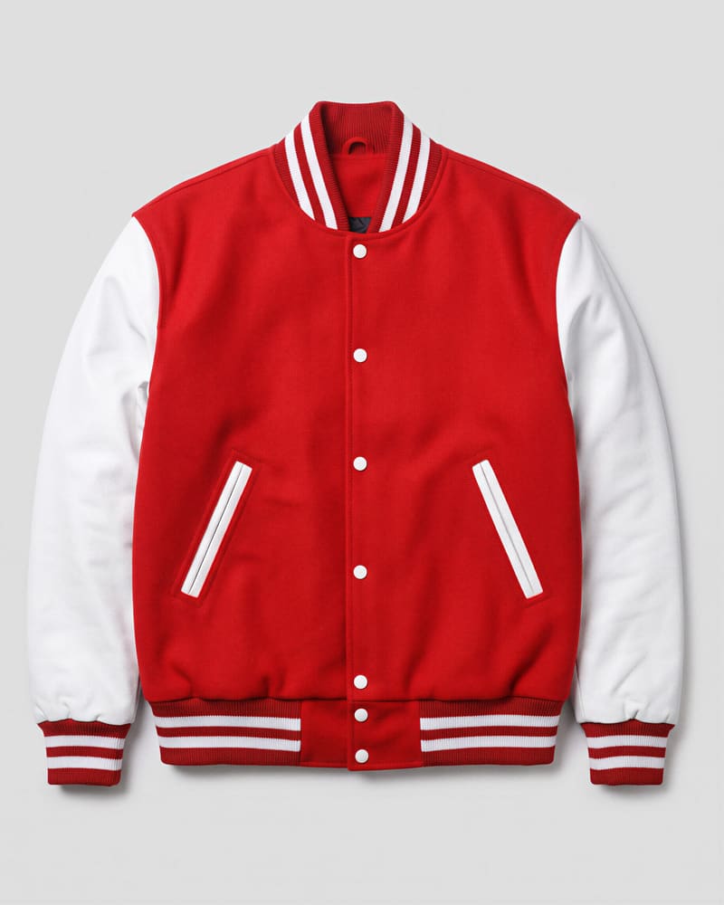 Red Wool & White Genuine Leather Varsity Letterman Jacket — flat lay