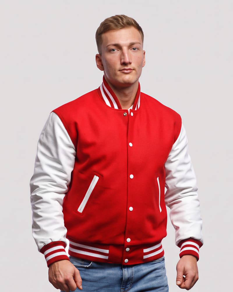 Red Wool & White Genuine Leather Varsity Letterman Jacket — front