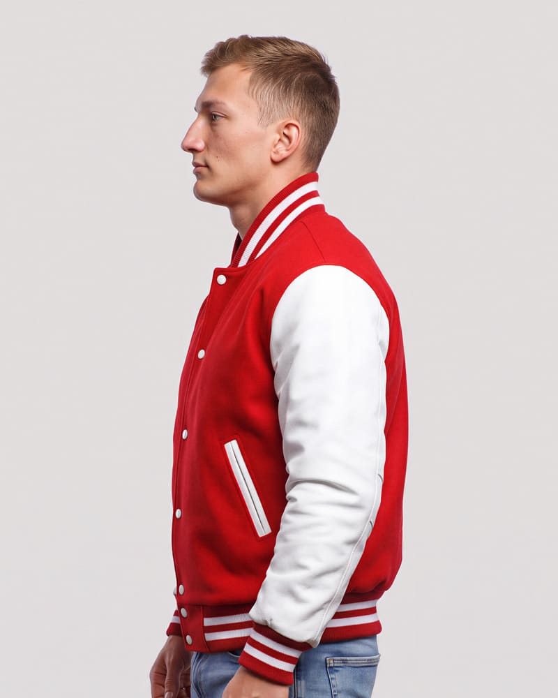 Red Wool & White Genuine Leather Varsity Letterman Jacket — profile