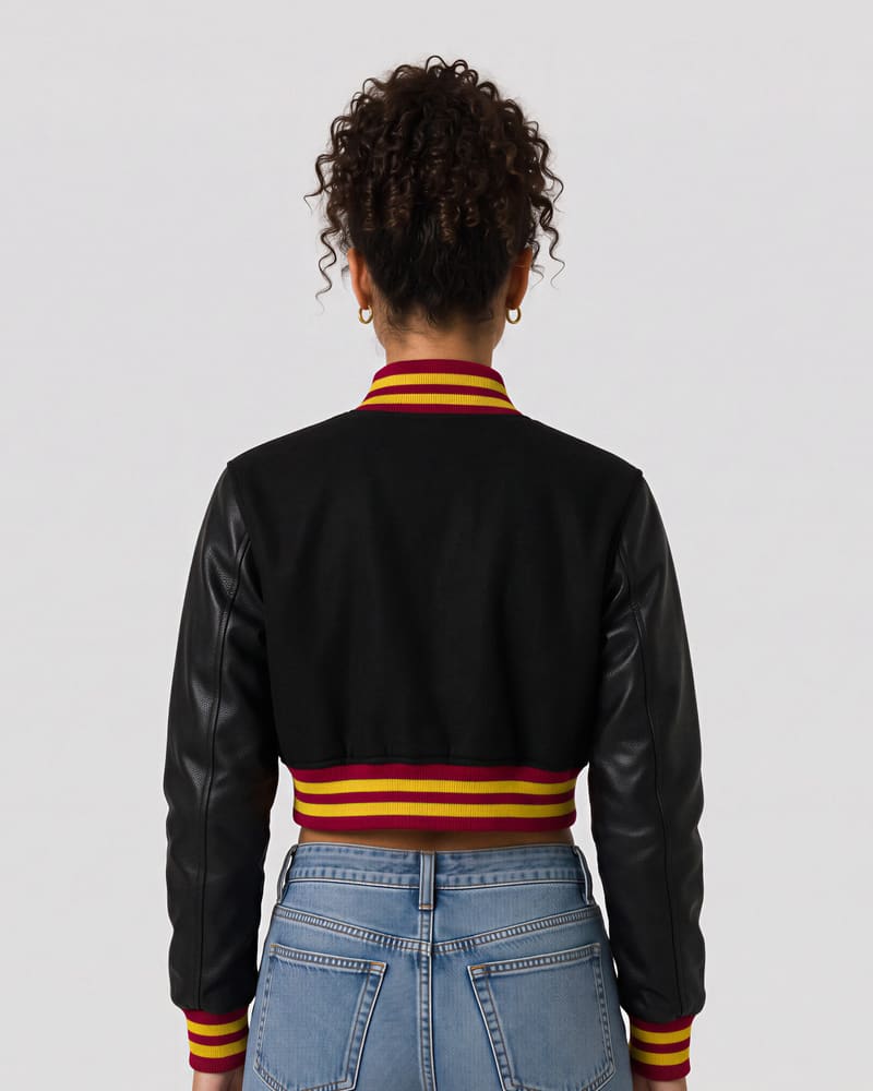 Iowa State Cyclones Black Wool & Black Leather Crop Top Jacket — back