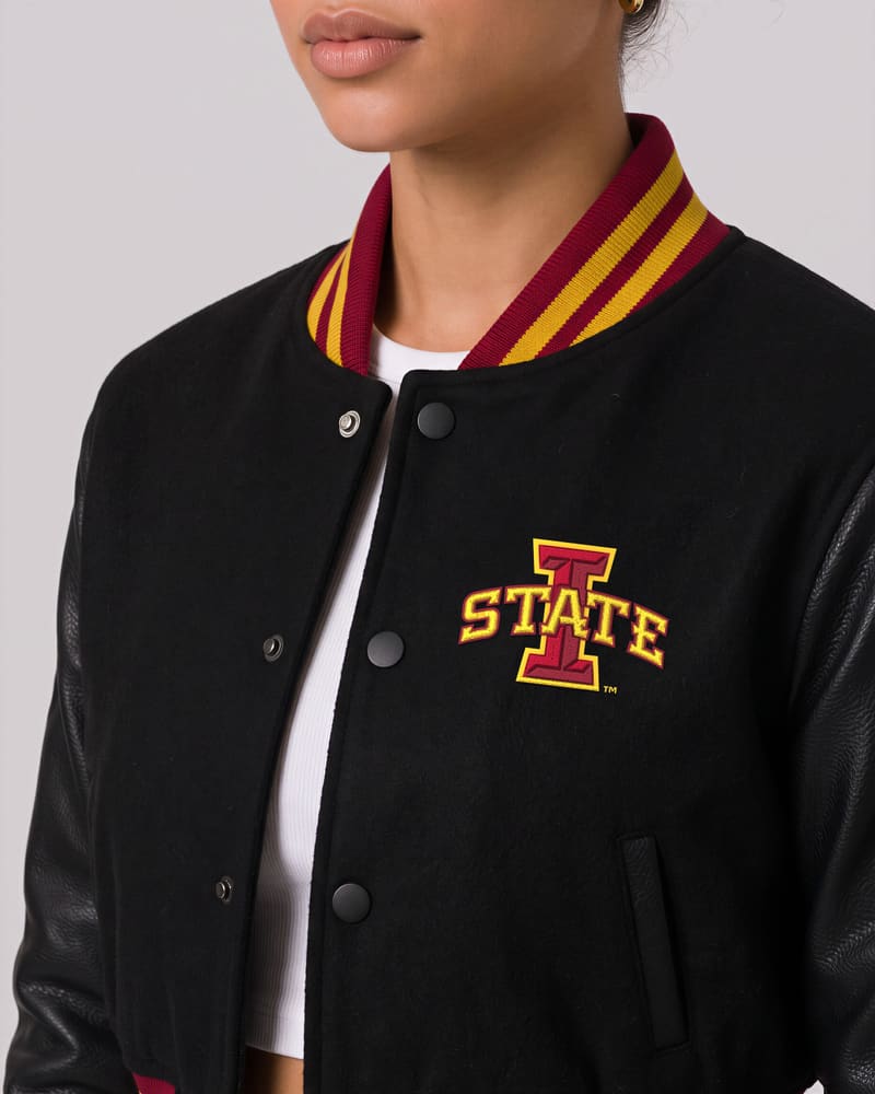 Iowa State Cyclones Black Wool & Black Leather Crop Top Jacket — collar