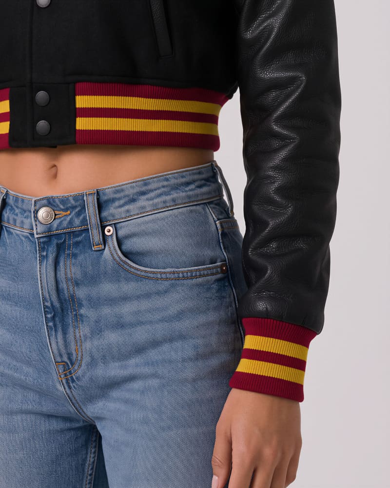 Iowa State Cyclones Black Wool & Black Leather Crop Top Jacket — cuff