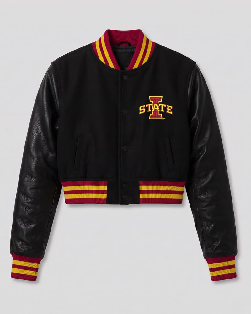 Iowa State Cyclones Black Wool & Black Leather Crop Top Jacket — flat lay