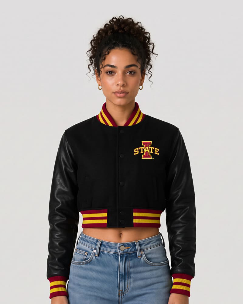 Iowa State Cyclones Black Wool & Black Leather Crop Top Jacket — front
