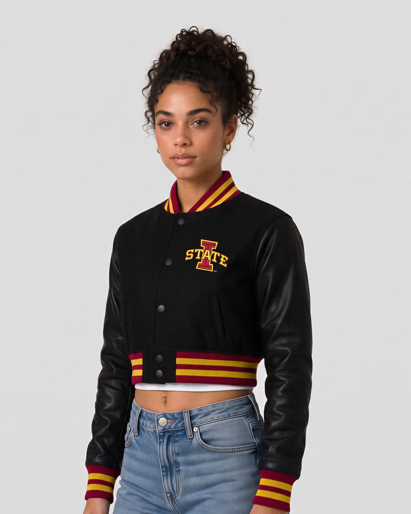 Iowa State Cyclones Black Wool & Black Leather Crop Top Jacket — three quarter