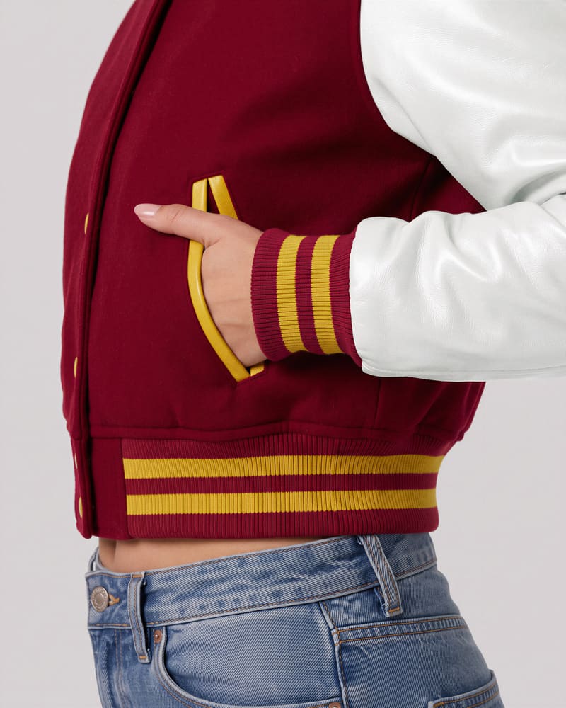 Iowa State Cyclones Cardinal Red Wool & White Leather Crop Top Jacket — cuff