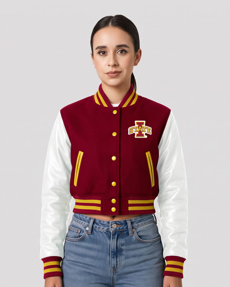 Iowa State Cyclones Cardinal Red Wool & White Leather Crop Top Jacket — front