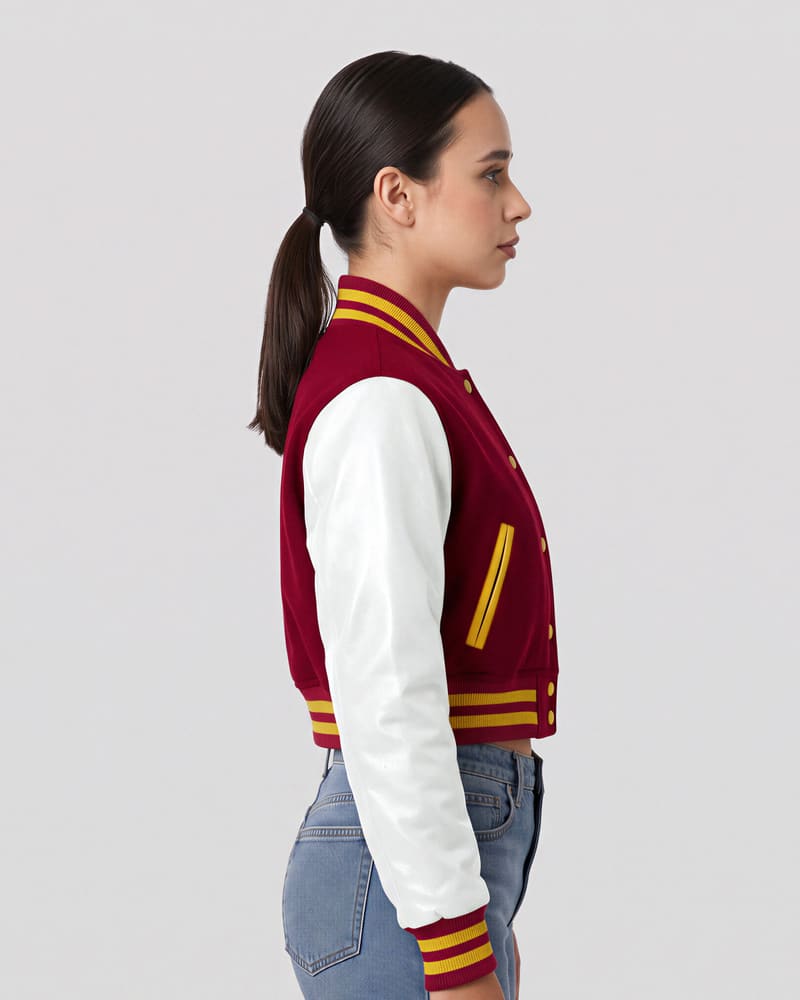 Iowa State Cyclones Cardinal Red Wool & White Leather Crop Top Jacket — profile