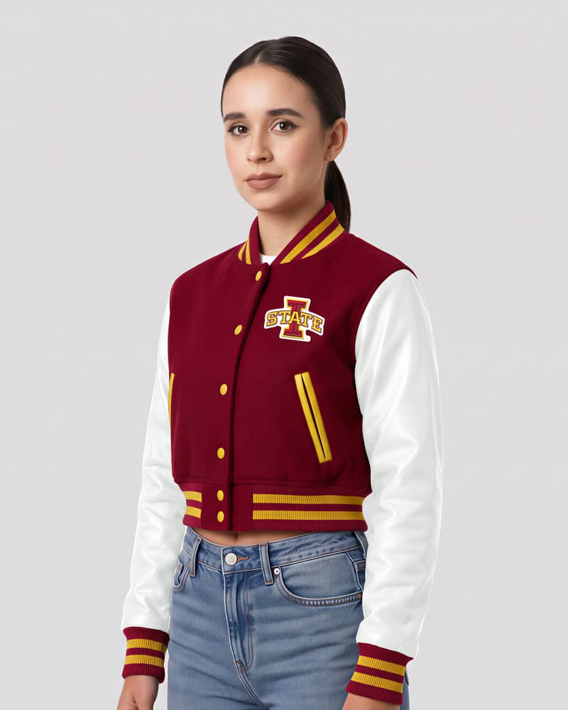 Iowa State Cyclones Cardinal Red Wool & White Leather Crop Top Jacket — three quarter