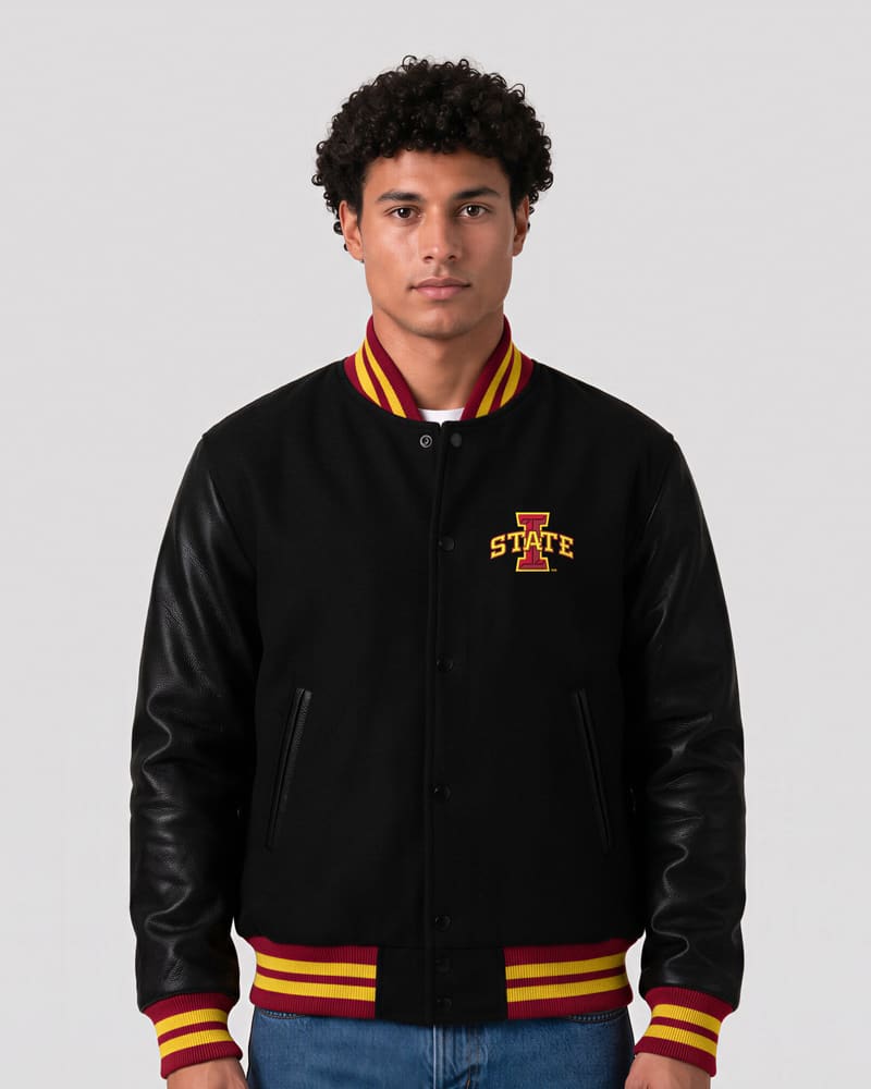 Iowa State Cyclones Black Wool & Black Leather Varsity Jacket — front