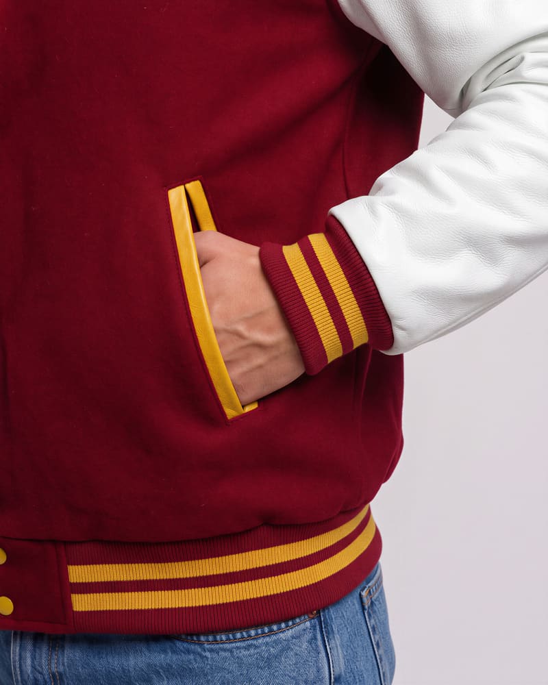 Iowa State Cyclones Cardinal Red Wool & White Leather Varsity Jacket — cuff