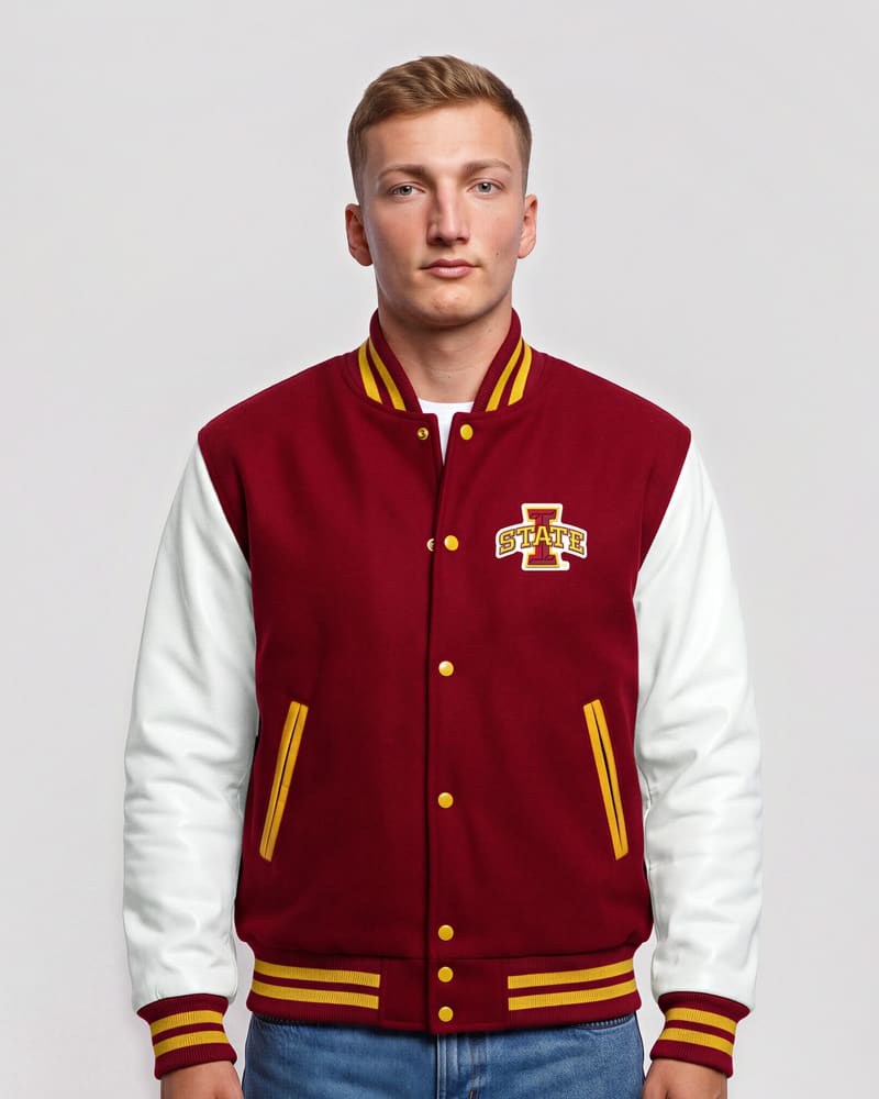 Iowa State Cyclones Cardinal Red Wool & White Leather Varsity Jacket — front