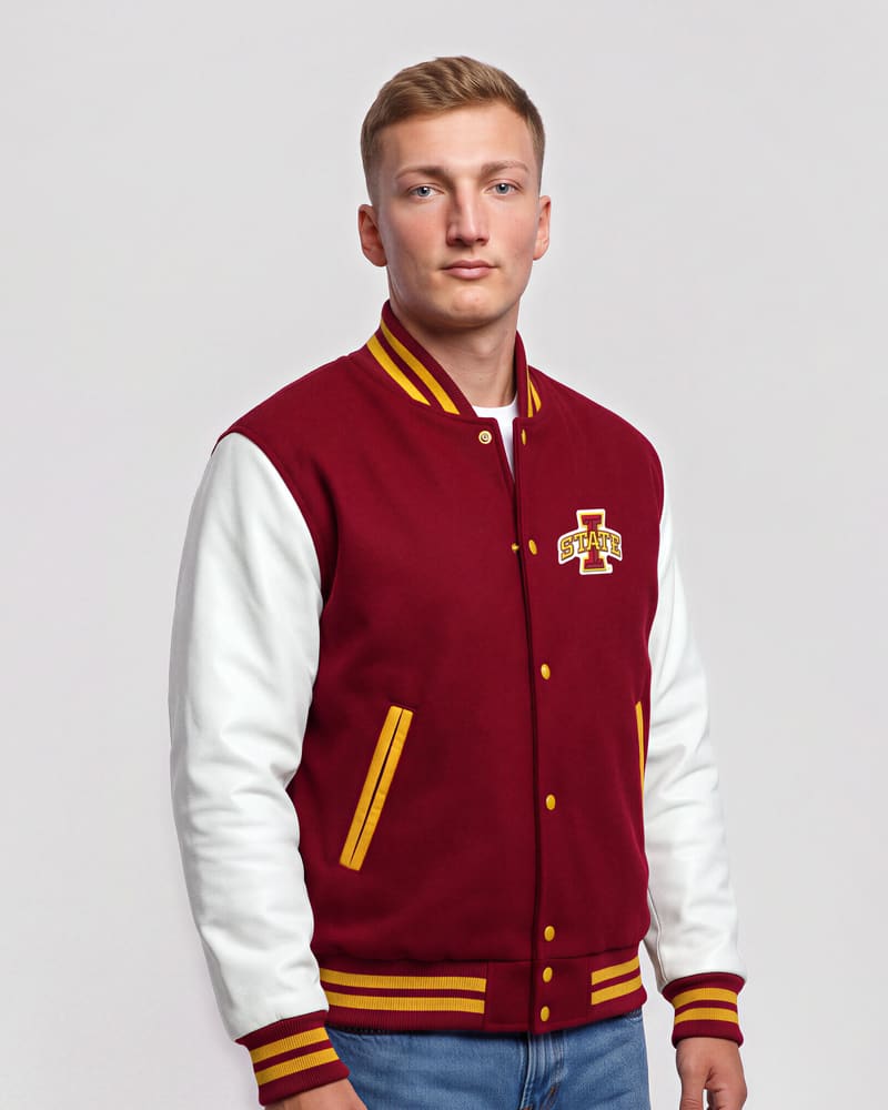 Iowa State Cyclones Cardinal Red Wool & White Leather Varsity Jacket — three quarter